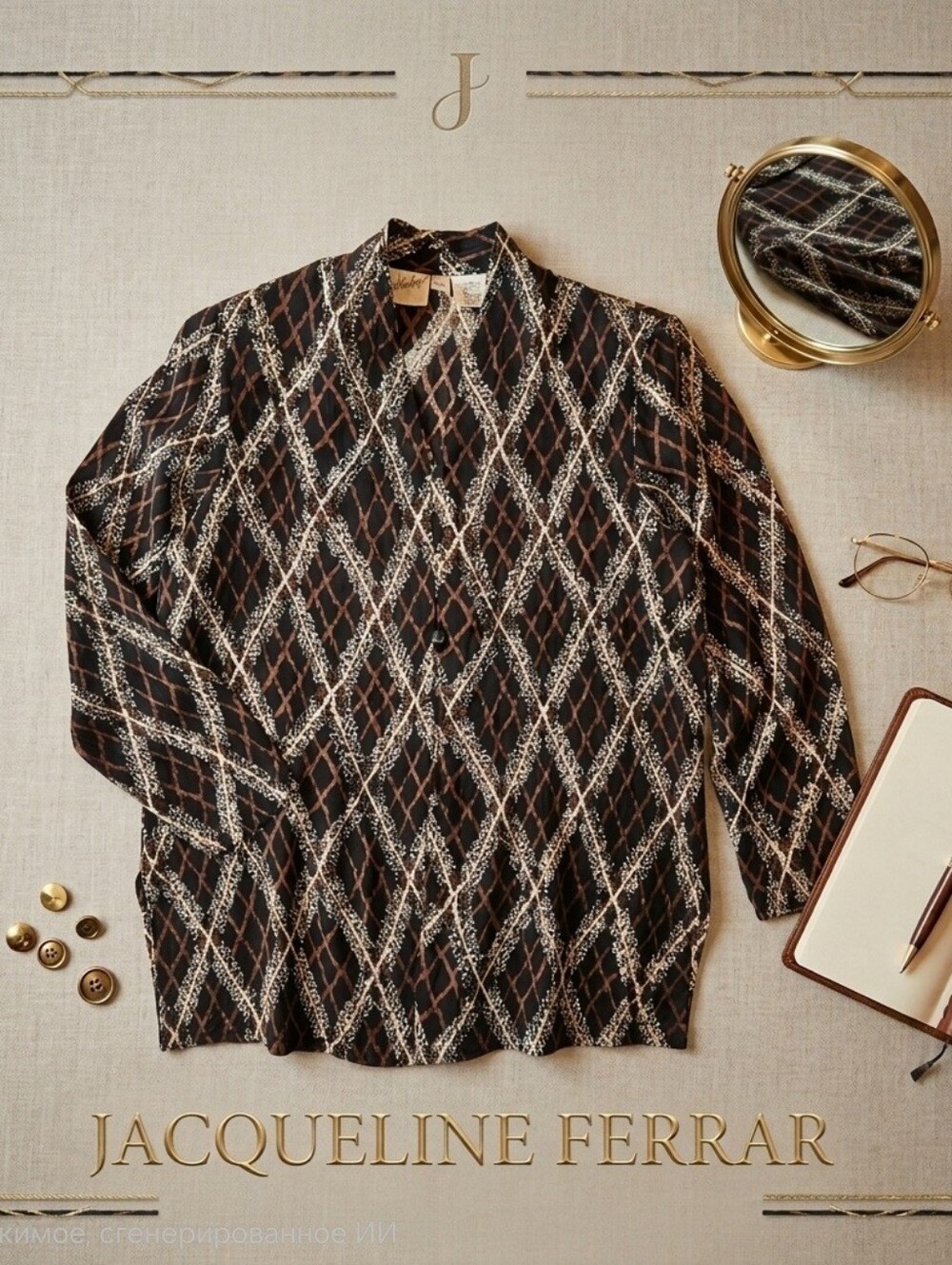 Jacqueline Ferrar VTG 90's Petite 8P Silk Chiffon Geometric V-Neck Blouse